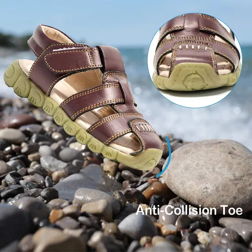 Vista 4 de Athlefit Sandalias de cuero para niños y niñas, sandalias de cuero para deportes al aire libre, sandalias casuales