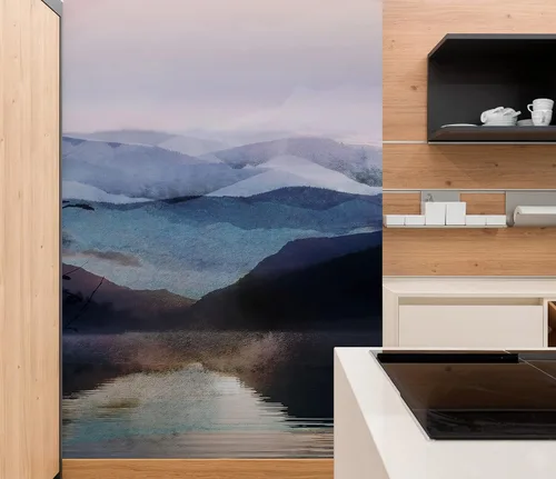Vista 3 de Papel tapiz de montaña, papel tapiz extraíble. Pintura de acuarela de pared de retiro de vista de montaña. Papel tapiz de guardería, mural despegar