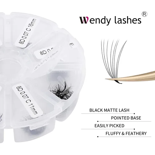 Vista 11 de Extensiones de pestañas de 1200 fans, prefabricadas, con volumen, 9-20mm, bandeja mixta, 20D, con punta en C, base puntiaguda, extensiones