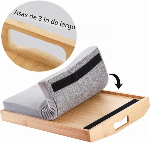 Vista 3 de Cedilis Bandeja de regazo de bambú con almohada desmontable, bandeja de servir de 16.9 x 13 pulgadas con asas para comer en la cama
