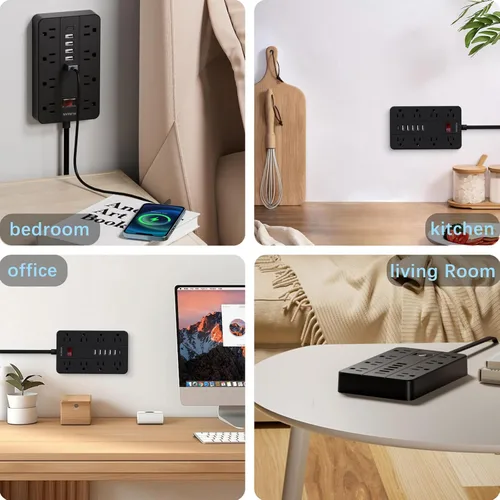 Vista 7 de Tira de alimentación con puertos USB, cable de extensión HUNIAN de 5 pies con enchufe plano y 8 tomas, cargador de 6 USB (1 puerto USB C), protector