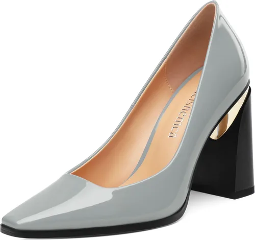 Vista 18 de Tacones altos para mujer, zapatos de vestir de tacón grueso con puntera cuadrada cerrada de patente, tacones elegantes, zapatos de vestir diarios