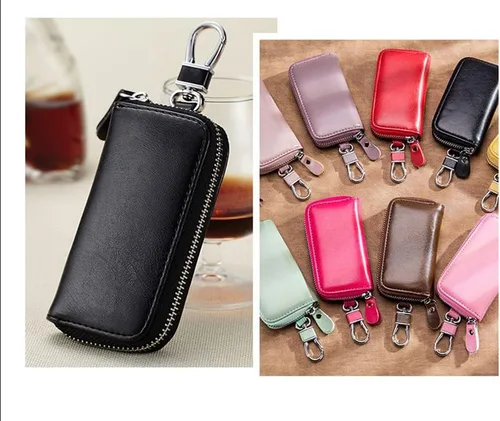 Vista 5 de Cartera de cuero genuino con 8 ganchos con cierre de cremallera para hombres y mujeres