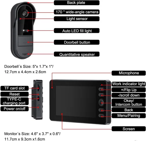 Vista 9 de TKMARS Timbre de puerta inalámbrico sin suscripción, activación bidireccional e intercomunicador, IPX65 impermeable, video 1080P, pantalla de 4.3