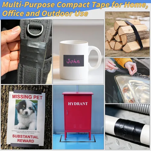 Vista 8 de Paquete de 5 mini cintas adhesivas negras de 1 pulgada x 75 yardas, tamaño de bolsillo, resistente, impermeable, sin residuos que se rompan a mano