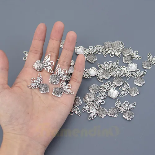 Vista 5 de Framendino, Paquete de 100 dijes de ángel de plata antigua para hacer joyas, pulseras y manualidades, aleación, No es una piedra preciosa