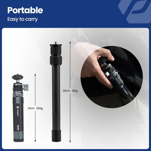 Vista 5 de Fotopro Trípode de escritorio de aleación de aluminio de aleación de aluminio de 360 grados, tornillo de 1/4 pulgadas, mini trípode de mesa portátil