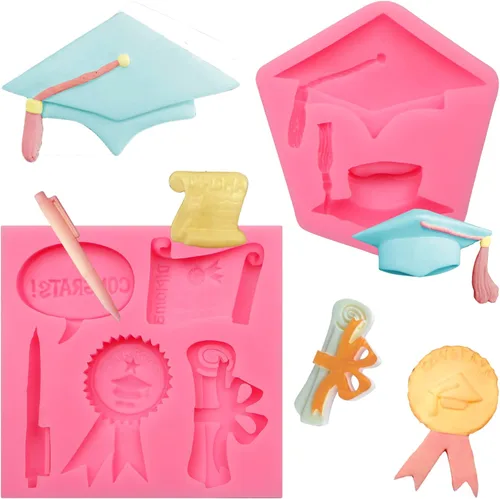 Vista 16 de Moldes de silicona para chocolate con tapa de graduación, moldes para hornear fondant de graduación 2023 para decoración de pasteles, decoración