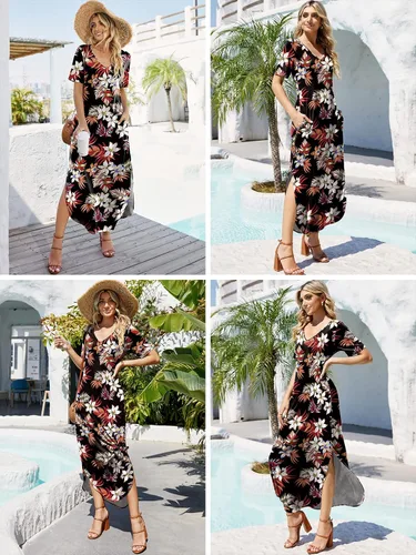 Vista 4 de Vestido largo casual suelto de manga corta con cuello en V para mujer, vestido largo con abertura, vestido de playa de verano con bolsillos