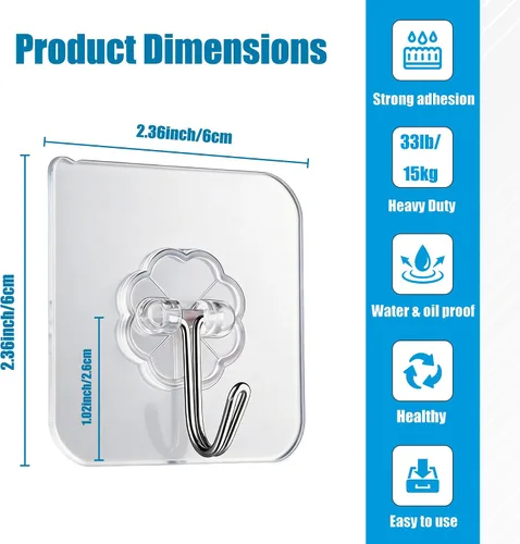 Vista 2 de Ganchos de pared de 33 libras (MÁX) autoadhesivos resistentes, 10 unidades, impermeables y a prueba de aceite, ganchos transparentes sin costuras
