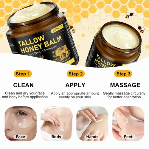Vista 7 de Bálsamo orgánico de sebo de res con miel para piel y cara, hidratante facial de sebo de res batido con miel cruda, crema de sebo de res alimentada