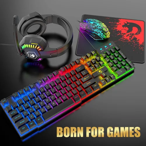 Vista 3 de Combo de teclado y mouse con cable para juegos, teclado con retroiluminación LED arcoíris, auriculares sobre la oreja con micrófono, mouse