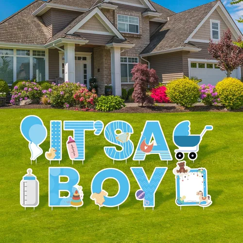 Vista 6 de Elcoho 11 carteles azules con estacas con texto en inglés "IT'S A Boy", incluye letras, globo, biberón, letrero para chupete de bebé para decoración