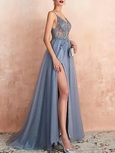 Vista 6 de Elegante vestido de encaje largo con cuello en V adecuado para todas las ocasiones, fiesta de graduación, cóctel, fiesta, vestido de noche formal