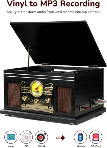 Vista 3 de FEKTIK - Tocadiscos Bluetooth 10 en 1, tocadiscos de 3 velocidades para vinilo con altavoces, convertidor LP a MP3, CD, reproductor de cassette Negro