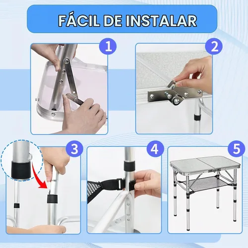 Vista 5 de Mesa plegable pequeña con red de almacenamiento, mesa de campamento plegable portátil de 24 x 16 pulgadas con 3 alturas ajustables, mesa de metal