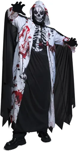 Vista 4 de Disfraz de esqueleto para adulto con capucha, disfraces de Halloween