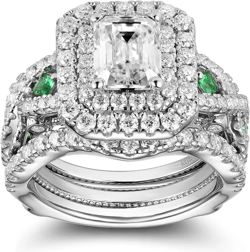 Vista 2 de DovEggs 4.3ct Total 6x8mm GHI Color Emerald Cut Moissanite Antqiue Double Halo Engagement Ring Zambia Emerald Sapphire Curved Enhancer Guard Band
