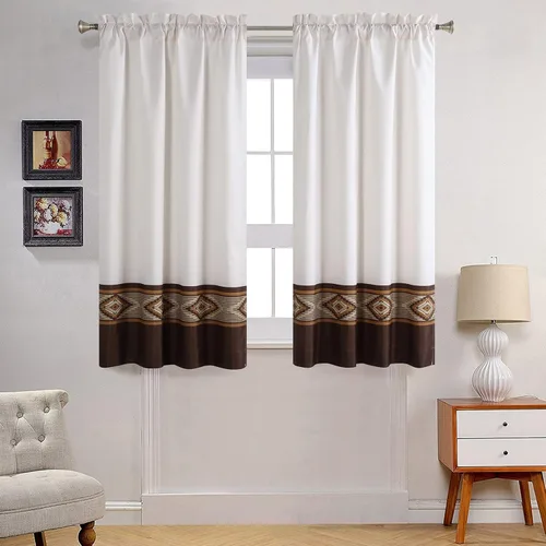 Vista 10 de Arlene - Cortina bohemia con borde bordado cosido azul para ventana, par de paneles de borlas blancas, cada uno de 42 pulgadas de ancho x 84
