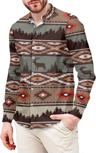 Vista 16 de Camisas aztecas con botones para hombre, vintage, nativo americano, patrón tribal nación, manga larga, camisa de talla grande para hombre