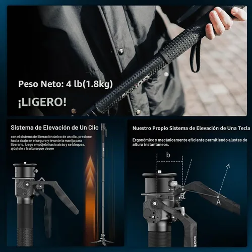 Vista 4 de COMAN M1pro Monopod de fibra de carbono de 65 pulgadas para cámara, monopie de liberación rápida de elevación con un solo clic con pies, compacto