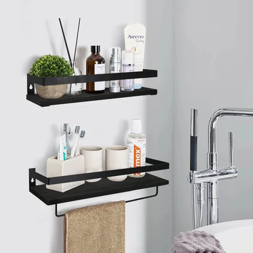 Vista 5 de Y&ME YM Estantes flotantes negros con toallero, juego de 2 estantes de baño para colgar en la pared, estantes decorativos flotantes de madera