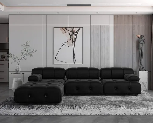 Vista 10 de JACH Sofá Seccional Modular Negro, 104" Sofás de Terciopelo Minimalistas de Estilo Mediados de Siglo, Cómodo Sofá Convertible de Asiento Profundo