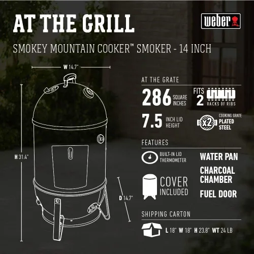 Vista 3 de Weber 711001 Hornillo de montaña Smokey de 14 pulgadas, hornillo de carbón, color negro, Fumador, 14 - pulgadas, Negro