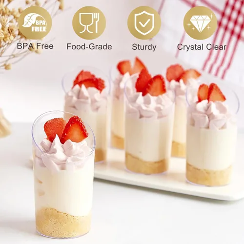 Vista 3 de TOFLEN Paquete de 100 mini tazas de postre con cucharas, tazas redondas de plástico para postres de 2.2 onzas, tazas inclinadas para aperitivos