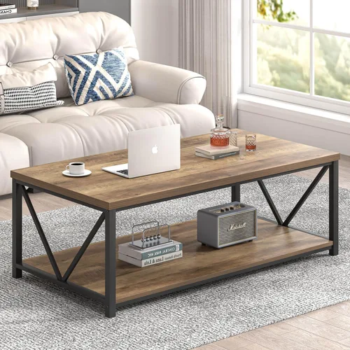 Vista 16 de FOLUBAN Mesa de centro con almacenamiento, mesas centrales pequeñas modernas para espacios pequeños, mesa de cóctel de madera rústica y metal