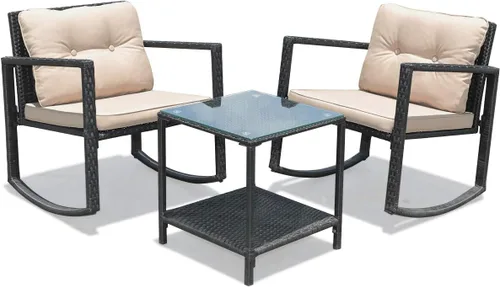 Vista 9 de Tangkula Juego de 3 mecedoras de mimbre para patio, mecedoras al aire libre y mesa con cojines, mesa de centro de cristal con estante