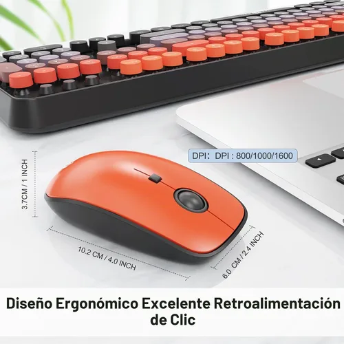Vista 4 de FOPETT Combo de teclado y mouse inalámbricos, 2.4G de tamaño completo, lindo mouse y teclado coloridos con 104 teclas redondas, teclado retro