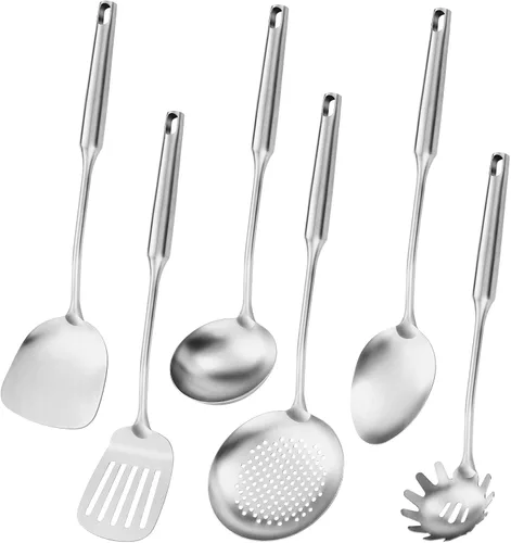 Vista 10 de Utensilios de cocina de acero inoxidable 304 con espátula, cuchara sólida, cucharón, espumadera, cuchara de espagueti, juego de 6 piezas, apto