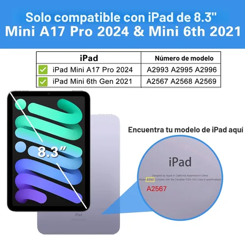 Vista 2 de ProCase Funda inteligente para iPad mini 7 A17 Pro 2024/iPad Mini 6 2021 8.3 pulgadas iPad mini 7ª/6ª generación, cubierta trasera dura para iPad
