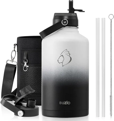 Vista 102 de BUZIO Botella de agua aislada de 24 oz, frasco de agua de boca ancha de acero inoxidable con tapa de pajita, frío durante 48 horas a prueba de Negro