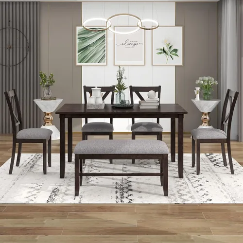 Vista 2 de LUMISOL Juego de mesa de comedor de 6 piezas, mesa de comedor rectangular de 60 pulgadas con sillas tapizadas y banco, juego de mesa de cocina