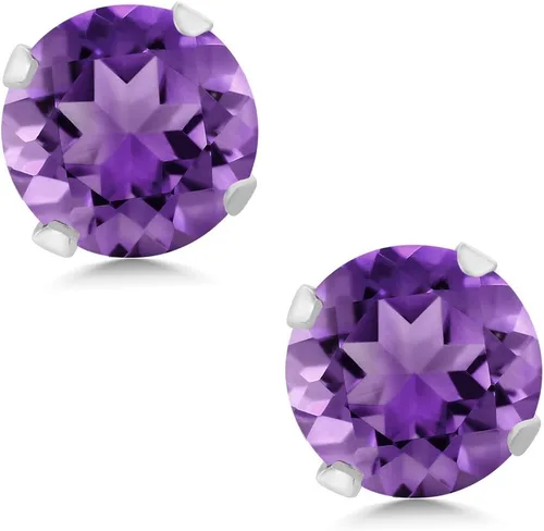 Vista 3 de Gem Stone King Aretes de tuerca de amatista morada de oro blanco de 14 quilates de 1.00 quilates para mujer Piedra natal Redondo de 0.197 in, Oro