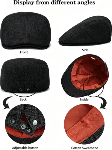 Vista 4 de Gorra de lino sintético para hombre, diseño de periódico con textura tejida ajustable Negro