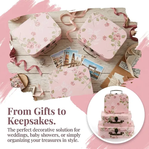 Vista 9 de Fasmov Paquete de 3 maletas de cartón, cajas de almacenamiento decorativas, cajas de regalo con tapas para almacenamiento de fotos, decoración