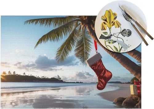 Vista 5 de Juego de 6 manteles individuales de PVC con diseño de palmera de Feliz Navidad, antideslizantes, 12 x 18 pulgadas, juego de manteles individuales
