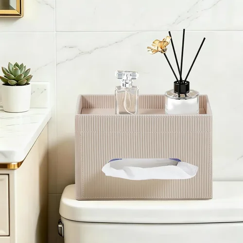 Vista 2 de Funda para Caja de Paños Rectangular con Bandeja de Almacenamiento, Soporte de Paños de PU para Tocador de Baño, Mesitas de Noche, Dormitorio