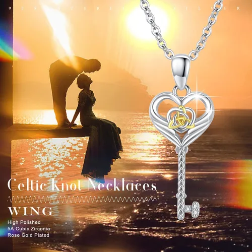 Vista 4 de XIXLES Angel Wing Key Necklace S925 Sterling Silver Irish Celtic Knot Love Heart Key Pendant Necklace Key Angel Wings Promise Necklace Jewelry Gifts