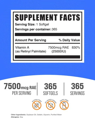 Vista 2 de BulkSupplements Vitamina A 25000 UI Softgels - Suplemento de vitamina A, como palmitato de retinilo, para apoyo ocular e inmunológico, sin
