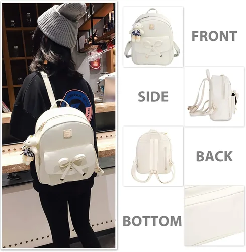 Vista 3 de K.E.J. Mini mochila de cuero Bowknot de 3 piezas, linda mochila pequeña para mujer, Beige, Mochilas Daypack