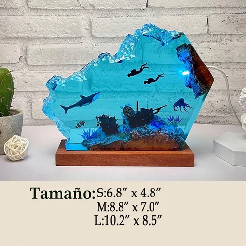 Vista 6 de Lámpara de luz multicolor de resina epoxi creativa del océano, hecha a mano, con forma de onda profunda, lámpara de océano acuático profundo Tiburón