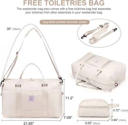 Vista 7 de LOVEVOOK Bolsa de fin de semana para mujer, bonita bolsa de viaje para gimnasio, bolsa de viaje con bolsa de artículos de tocador, bolsa