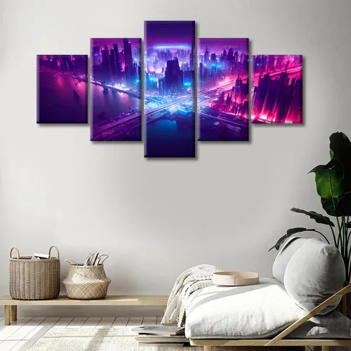 Vista 26 de Cuadros de 5 paneles de Cyberpunk City, arte de pared, representación de vallas publicitarias, edificios modernos en la capital con obras de arte