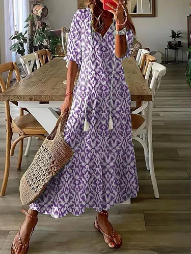 Vista 2 de Vestido largo de verano para mujer, estilo bohemio, floral, holgado, casual, con volantes, escalonado, playa, vacaciones, boda, vestido largo tipo