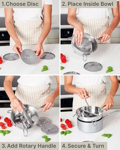 Vista 5 de Molinillo de alimentos de acero inoxidable con 3 discos, manivela giratoria ergonómica para salsa de tomate, puré de manzana, comida para bebés