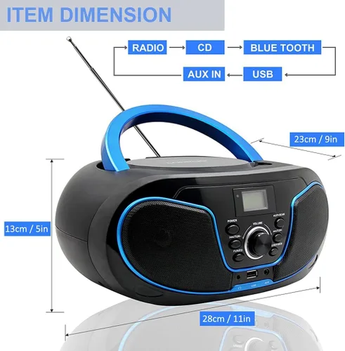 Vista 4 de Reproductor de CD Boombox, LP-D02 portátil Bluetooth FM Radio Sistema de sonido estéreo con sonido cristalino, reproducción de MP3, entrada USB